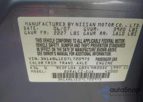 2007 Nissan Sentra 2.0 z USA, uszkodzony, nr VIN 3N1AB61E07L720975